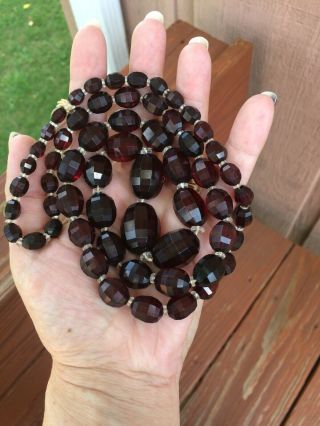 Vintage Estate Cherry Amber Bakelite Faceted Red Bead Necklace 32” 60 Grams