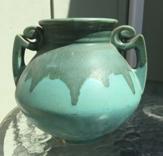 Antique Vintage Green Vase Double Handed Early Pottery Marked With " R " Estate Pi