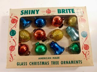 12 Miniature Vintage Shiny Brite Glass Christmas Tree Ornaments,  Asst.  Shapes
