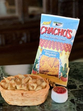 Vintage Miniature Dollhouse Artisan Basket & Bag Tortilla Chips Bowl Salsa 1:12 4
