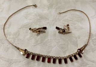 Vintage Van Dell Necklace & Earrings Set,  Gold Filled Metal,  Red & Clear Stones