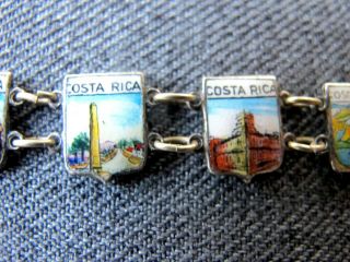 Vintage cute hand painted enamel silvered metal Costa Rica views shield bracelet 5
