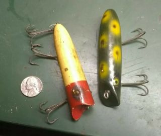 2 Vintage Heddon Lucky 13 Wooden Fishing Lures 4 "