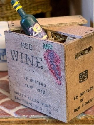Vintage Miniature Dollhouse Artisan Wood Wine Crate Diorama Bottle Red Wine