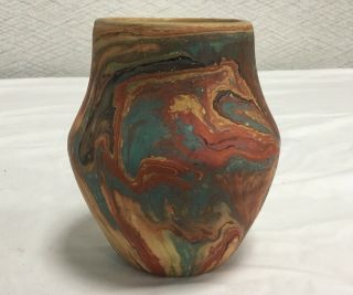 Vintage Stamped Nemadji Pottery Vase 124 Swirl Art Pottery Vase 4 7/8” Tall