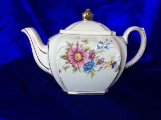 Vintage Sadler England 5” Cube Teapot Pink,  Purple & Blue Flowers Gold Trimming