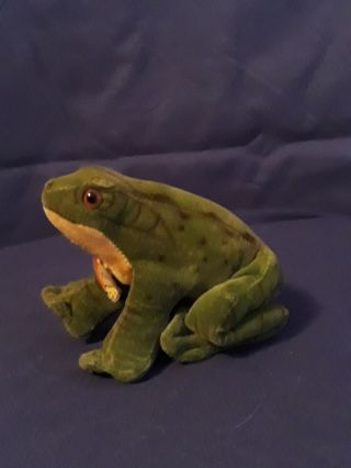 Vintage Steiff Froggy has name tag and silver button. 4