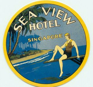 Singapore Sea View Hotel Bathing Beauty Vintage Art Deco Luggage Label