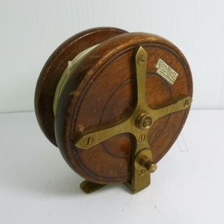 Vintage 4.  5 " Wood And Brass Fishing Reel England,  Only