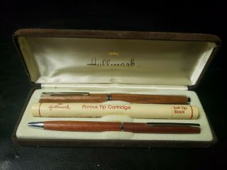 Rare Hallmark Ball Point Pen And Wet Ink Pen Set Wooden Redwood Vintage 1976 Kit