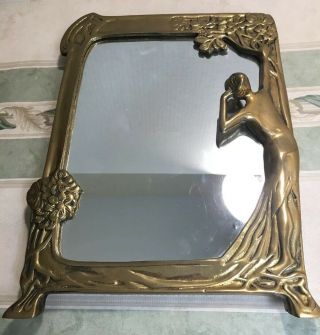 Art Deco Nouveau Brass Old Frame Mirror Stand W/ A Lady Looking - In 12x9 Vintage