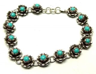 Vtg Sterling Silver Turquoise Inlay Link Bracelet Flower Floral Taxco Mexico 2