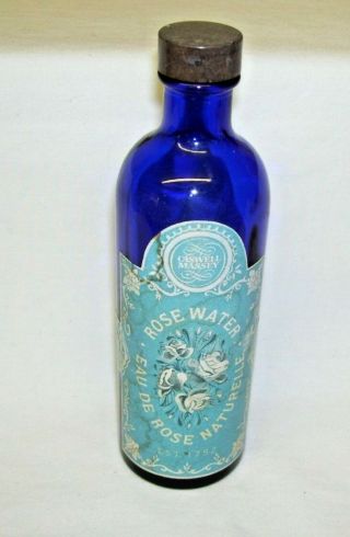 Vintage Cobalt Blue Rose Water Bottle With Label Caswell Massey
