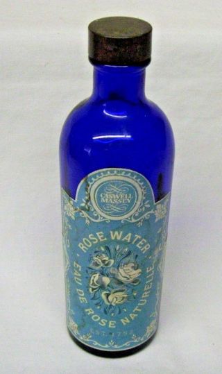 Vintage Cobalt Blue Rose Water Bottle with Label Caswell Massey 3