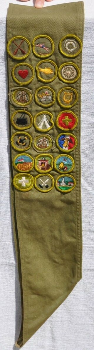 Vintage Boy Scouts Sash With 21 Merit Badges & Patches Bsa 28 Inches Long Old