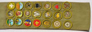Vintage Boy Scouts Sash With 21 Merit Badges & Patches BSA 28 Inches Long Old 3