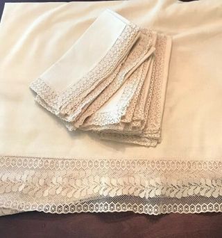 Elegant Vintage Large Linen Tablecloth With 8 Napkins
