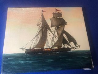 Vintage Nautical Clipper Ship Oil Painting On Canvas - Signed - Frame 8” X 10”