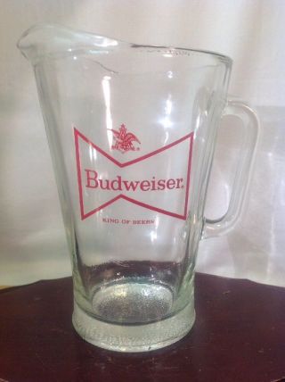 Vtg Budweiser Anheuser Busch Heavy Glass Pitcher Red Bowtie Logo.  Ztop
