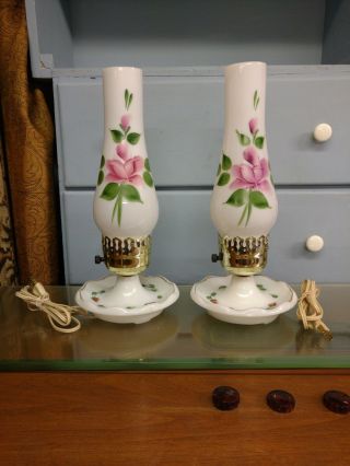 Set Of 2 - Vintage Electric Hurricane Hand Painted Roses Lamps