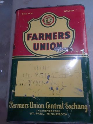 Unusual One Gallon Farmers Union Co - Op Vintage Advertising Oil Can Great Color