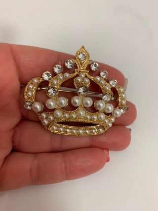 Vintage Gold Tone Faux Pearl Rhinestone Crown Brooch Pin Signed Monet