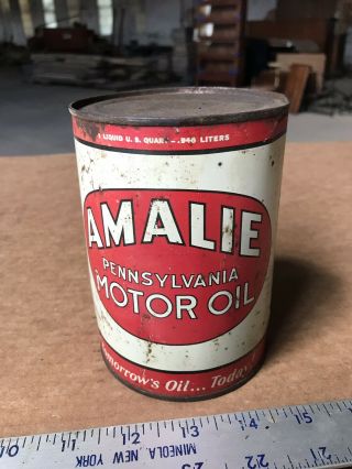 Vintage Full Amalie Advertising Quart Metal Motor Oil Can Tomorrows Oil Today