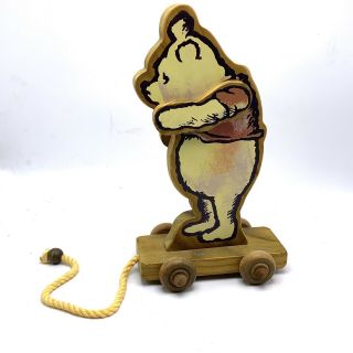 Vintage Classic Disney Winnie The Pooh Wooden Pull Toy Wheels Charpente