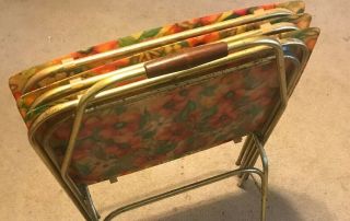Vintage Set 3 Floral TV Trays Fiberglass Rolling Storage Cart Multi Color / Gold 8