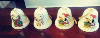 Vintage Peanuts Snoopy Woodstock Santa Ceramic Mini Bell Christmas Ornament Set