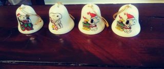 Vintage Peanuts Snoopy Woodstock Santa Ceramic Mini Bell Christmas Ornament Set 2