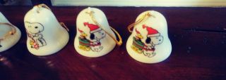 Vintage Peanuts Snoopy Woodstock Santa Ceramic Mini Bell Christmas Ornament Set 3