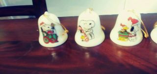 Vintage Peanuts Snoopy Woodstock Santa Ceramic Mini Bell Christmas Ornament Set 4