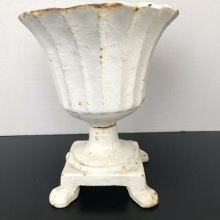 Small White Antique Vintage Cast Iron Garden Urn Planter 7.  75” Tall Patina 3