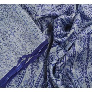 Sanskriti Vintage Blue Saree Pure Silk Printed Sari Craft Decor Soft Fabric