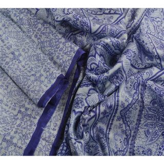 Sanskriti Vintage Blue Saree Pure Silk Printed Sari Craft Decor Soft Fabric 2