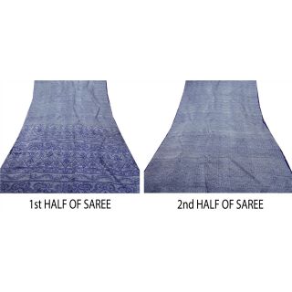 Sanskriti Vintage Blue Saree Pure Silk Printed Sari Craft Decor Soft Fabric 5