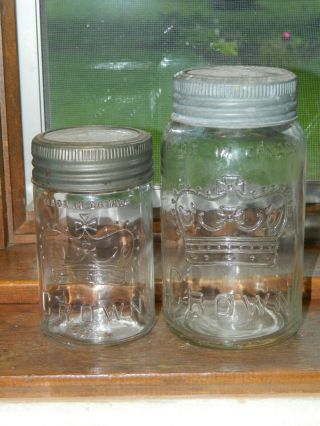 2 Vintage Crown Clear Glass Canning Jars With Glass Lid Zinc Ring