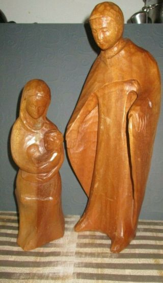 Vintage Jesus Mary & Joseph Wood Carved Statue Figure 2 Piece Nativity Christmas