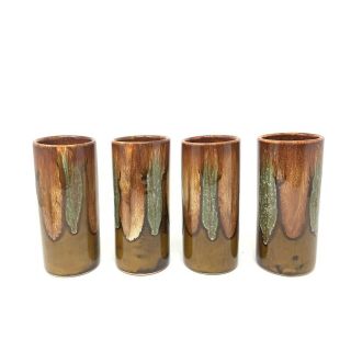 Vintage Dryden Pottery Set Of 4 Glasses Tumblers Brown Drip Glaze Mcm 6 " Tall