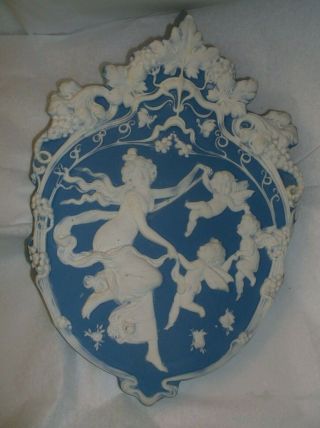 Vintage Art Nouveau Jasperware Wall Plaque,  Blue/lilac W/cupids,  Angels,  Maiden 7 "