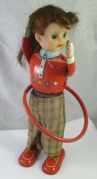 Vintage Japan Tin Litho Spin - A - Hoop Hula Hoop Girl Wind Up Toy