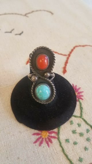 Vintage Sterling Silver Turquoise And Coral Signed Ring Size 6.  5 Dead To Me