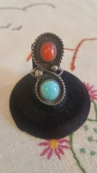 Vintage sterling silver turquoise and coral signed ring size 6.  5 Dead to Me 2