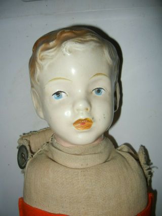 Antique Painted Tin Doll Head Boy 22 " Molded Hair Straw Filled Body