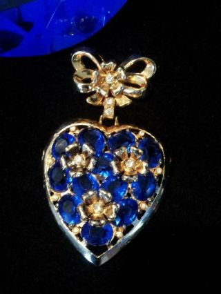 Vtg Breathtaking Signed Coro - Large Dangle Heart Pin W O/b Sapphire & Crys R/s