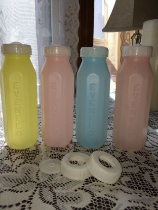 Vintage 4 Evenflo Pastel Plastic Nurser Baby Bottles 8oz 1970’s