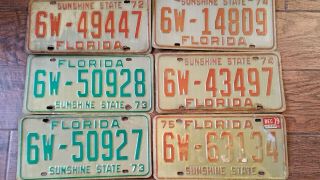 6 Vintage Florida License Plates - 1972 1973 1974 1975 - Man Cave Garage