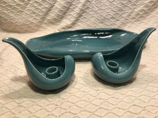 Q166e Vtg Mcm Red Wing Pottery Console Bowl Candle Holders Teal Blue 641 1409