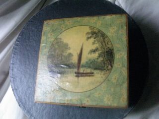 Vintage Antique Sewing Box Thread Pond Boat Graphics On Cover